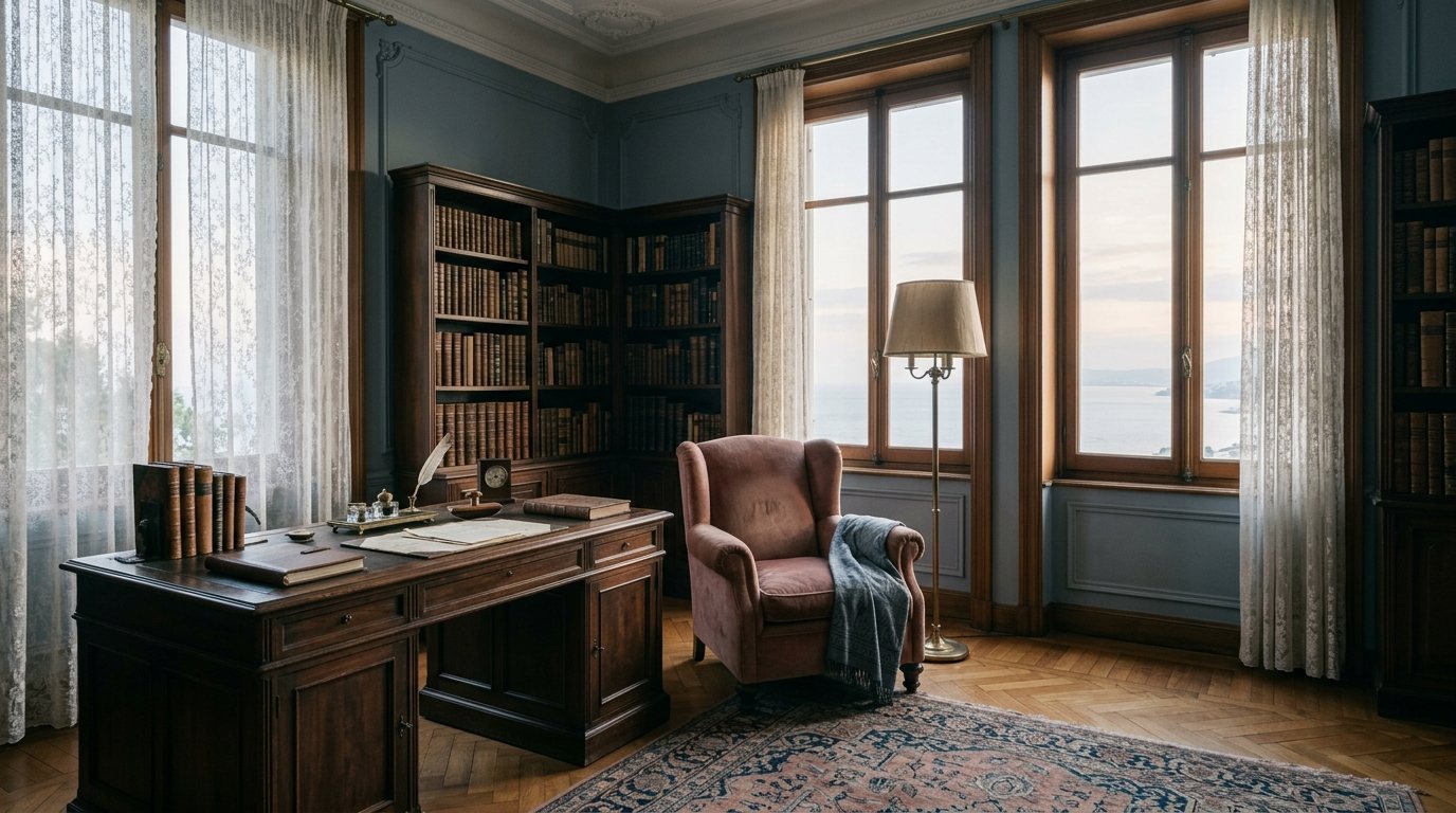 A quiet late-Ottoman-era study room with a desk, books and morning light through tall windows facing the Bosphorus