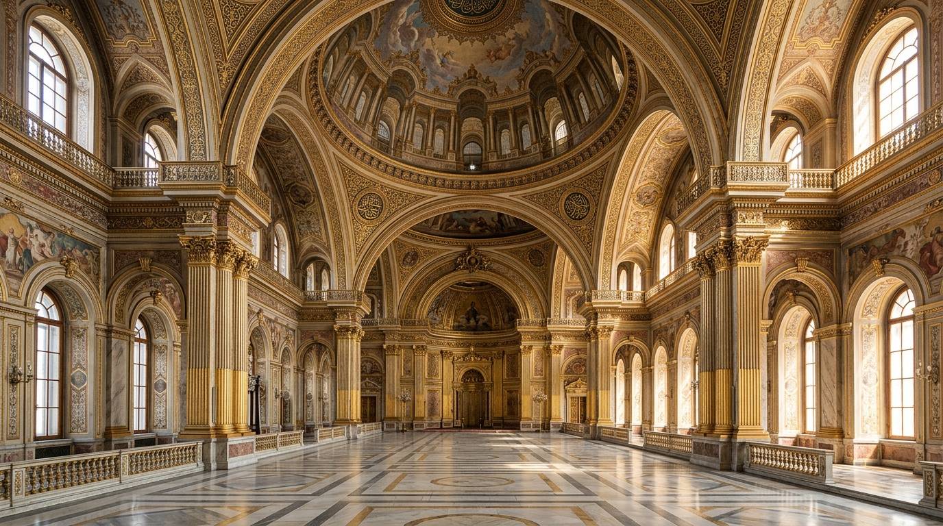 The gilded dome and Corinthian columns of the vast Ceremonial Hall at Dolmabahçe Palace, lit by tall arched windows