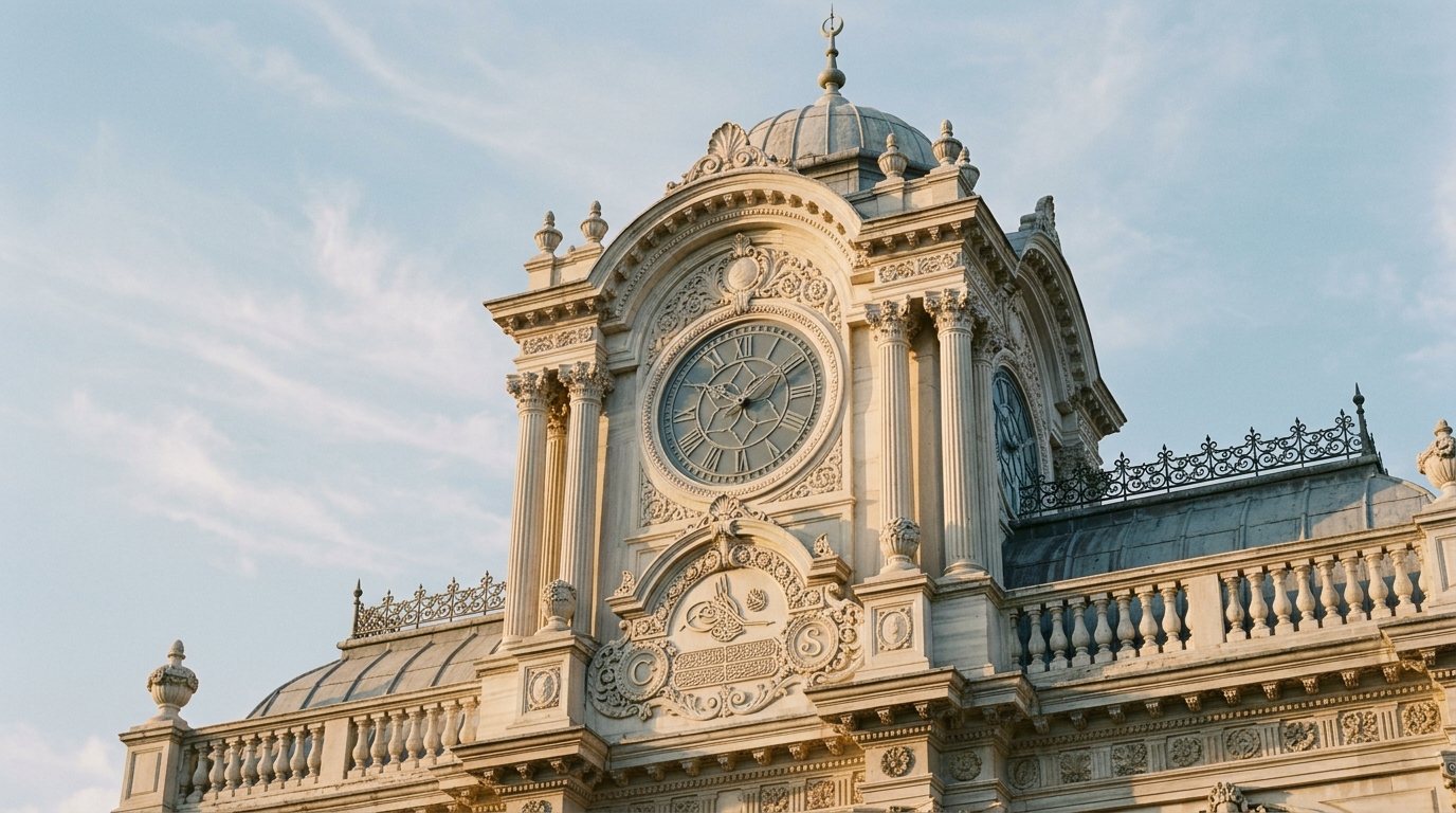 Ornate stone detail of the Dolmabahçe Clock Tower with its clock face, carved columns and imperial monogram against a soft sky