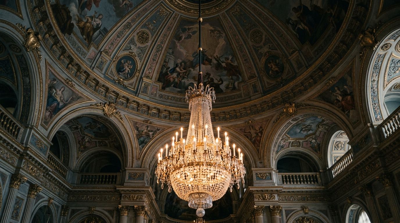 An immense tiered crystal chandelier blazing beneath a painted palace dome, its drops catching warm golden light