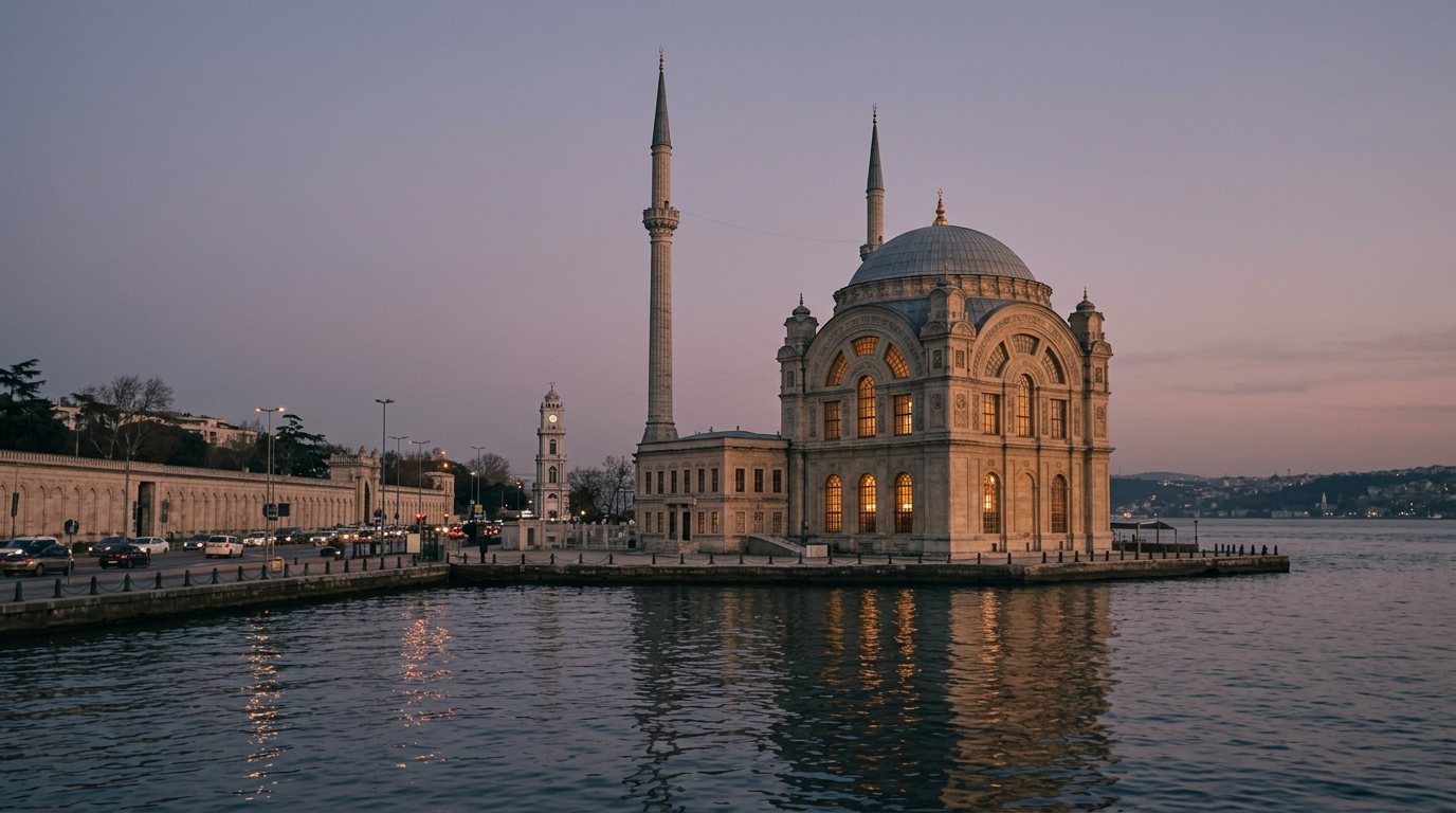 Dolmabahçe Mosque on the Bosphorus shore at soft evening light, its slender minarets and great arched windows reflected in the water