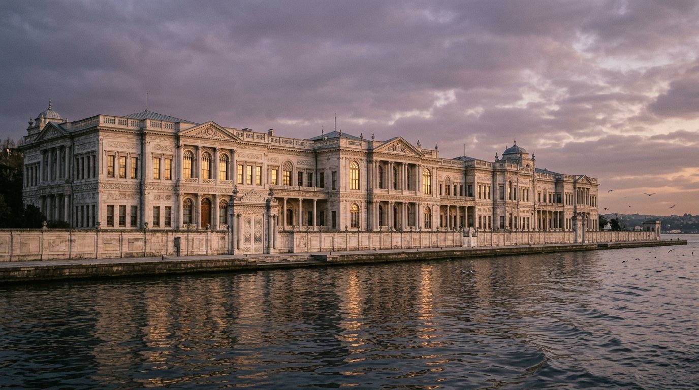 The long white marble facade of Dolmabahçe Palace seen from the Bosphorus, with its ornate gates and waterfront quay