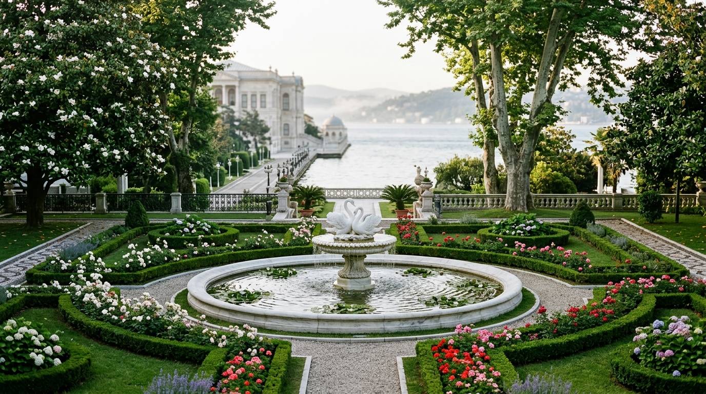 Formal parterre beds and a swan fountain in the Dolmabahçe Palace gardens, with the white palace and the Bosphorus beyond