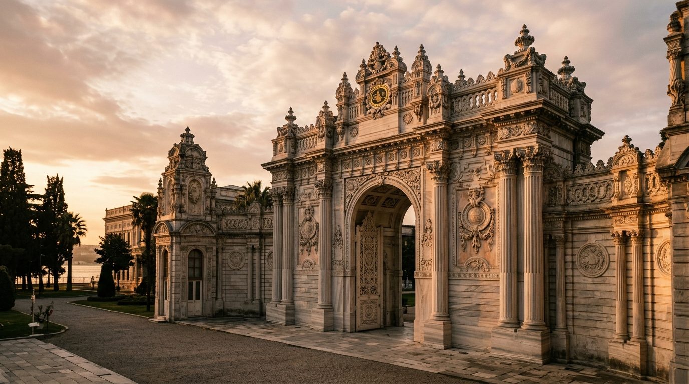 The ornate marble Treasury Gate of Dolmabahçe Palace glowing in low golden-hour light, trees and the Bosphorus behind